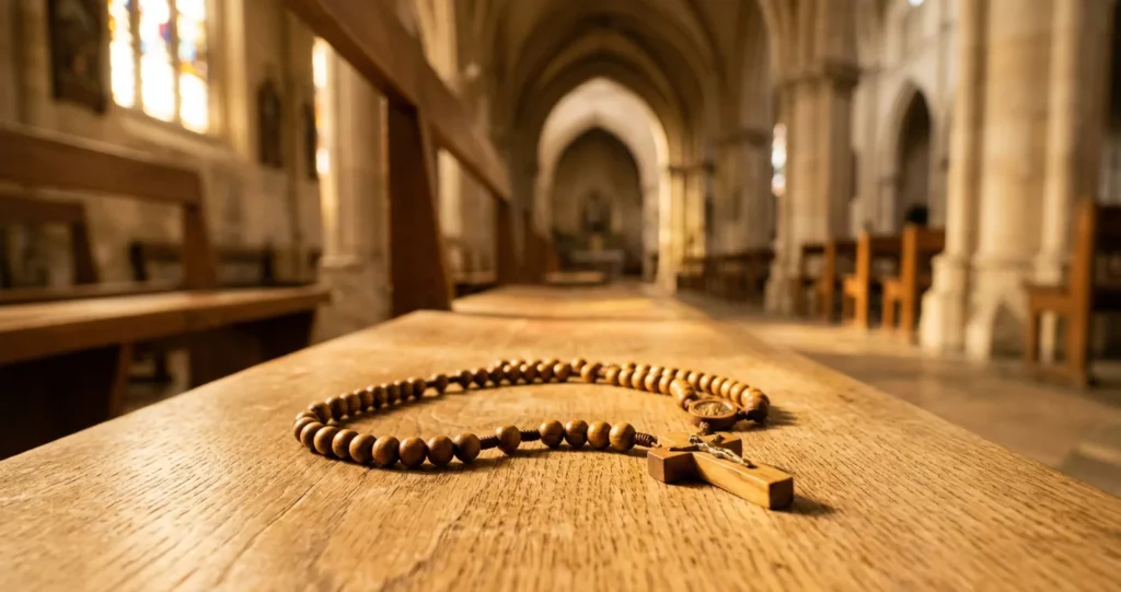 chapelet débutant comment prier, chapelet en bois posé sur un banc d'église