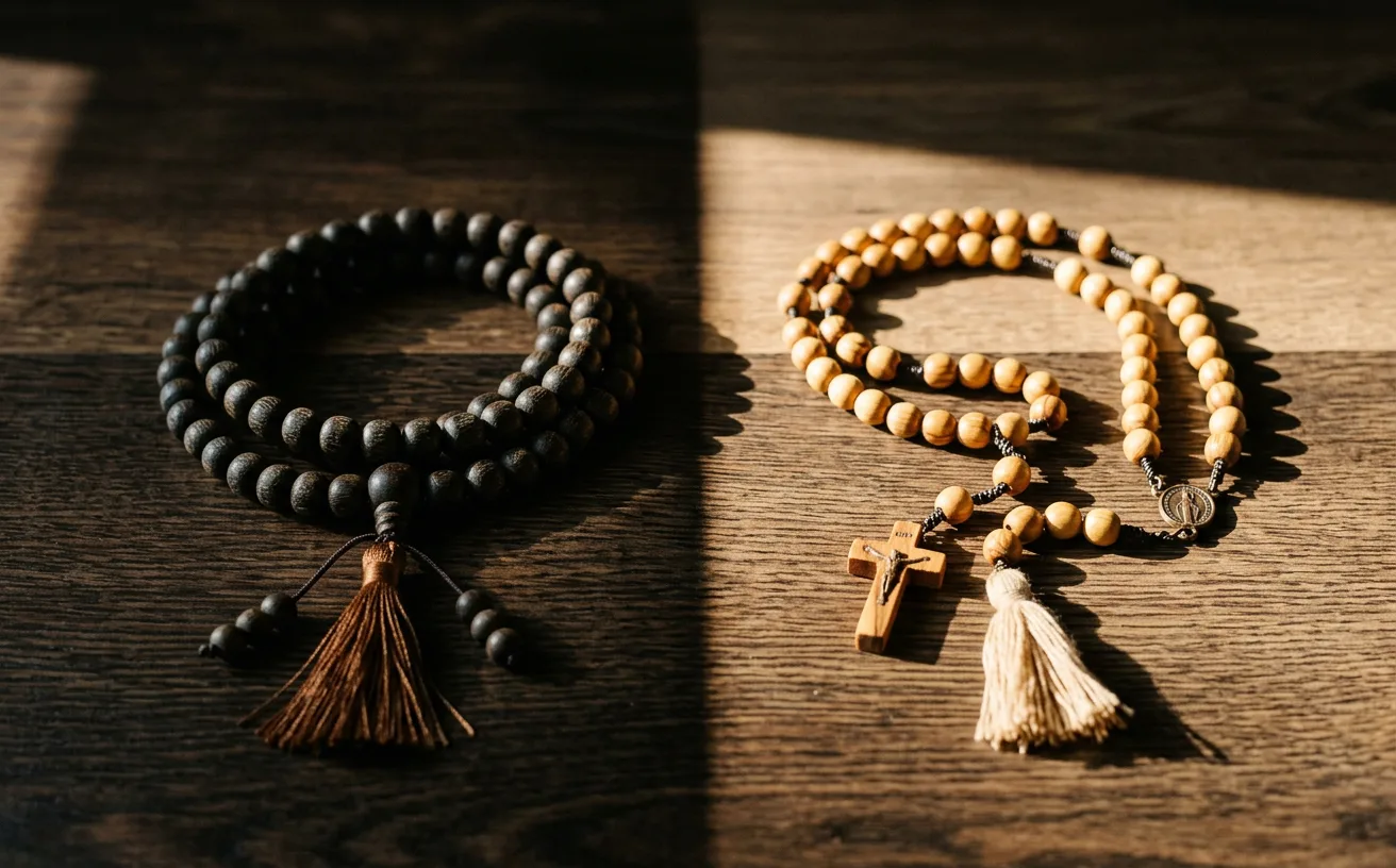 chapelet débutant, comparaison entre un mala de perles et un chapelet en bois