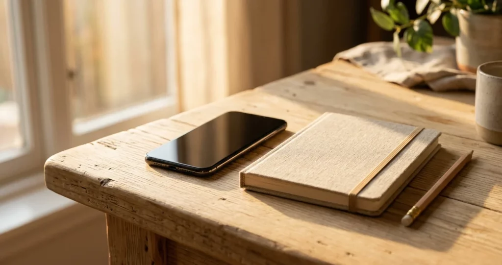 comparaison réseaux sociaux, téléphone et carnet dans la lumière