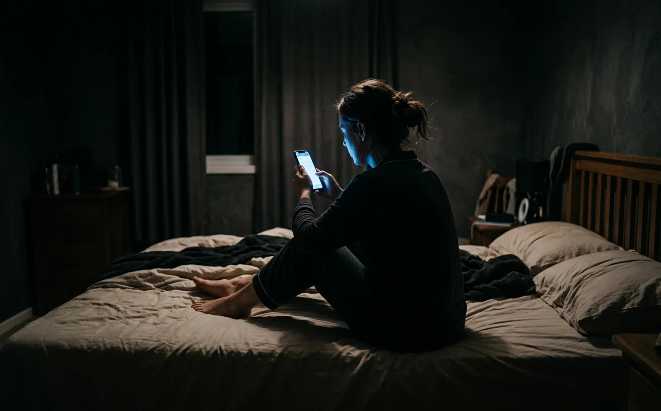 comparaison sociale, silhouette de dos avec téléphone la nuit