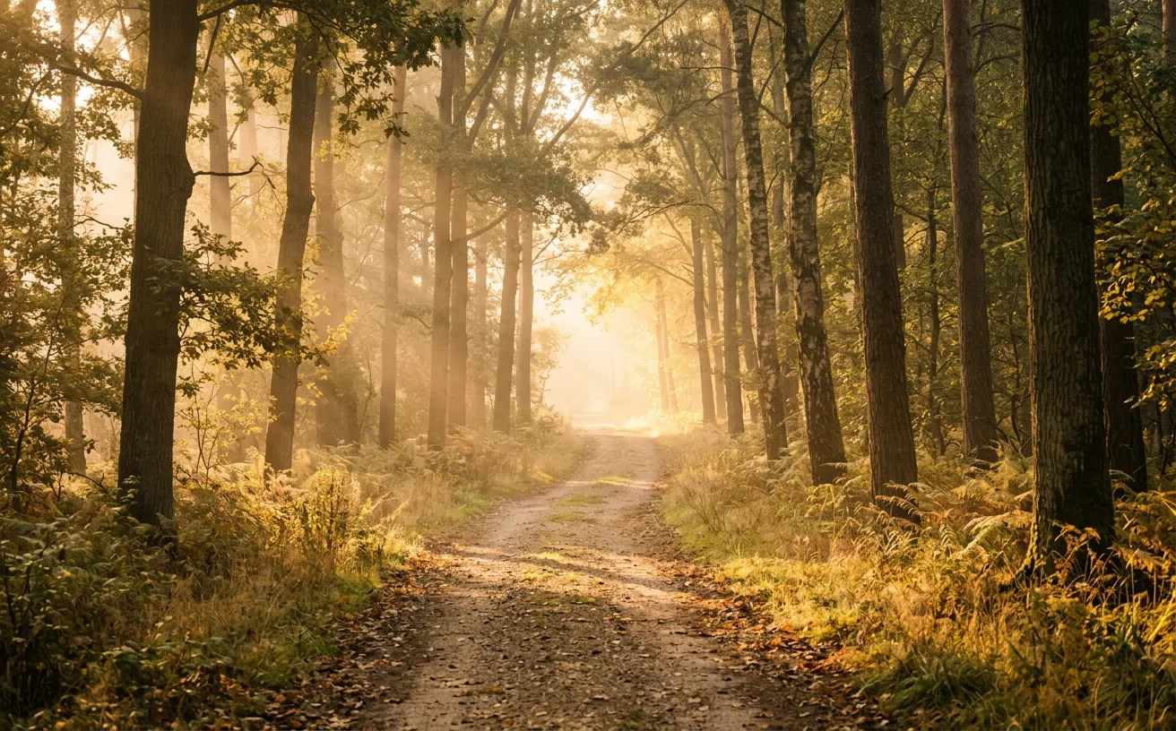 Espérance chrétienne après le deuil : chemin baigné de lumière dorée