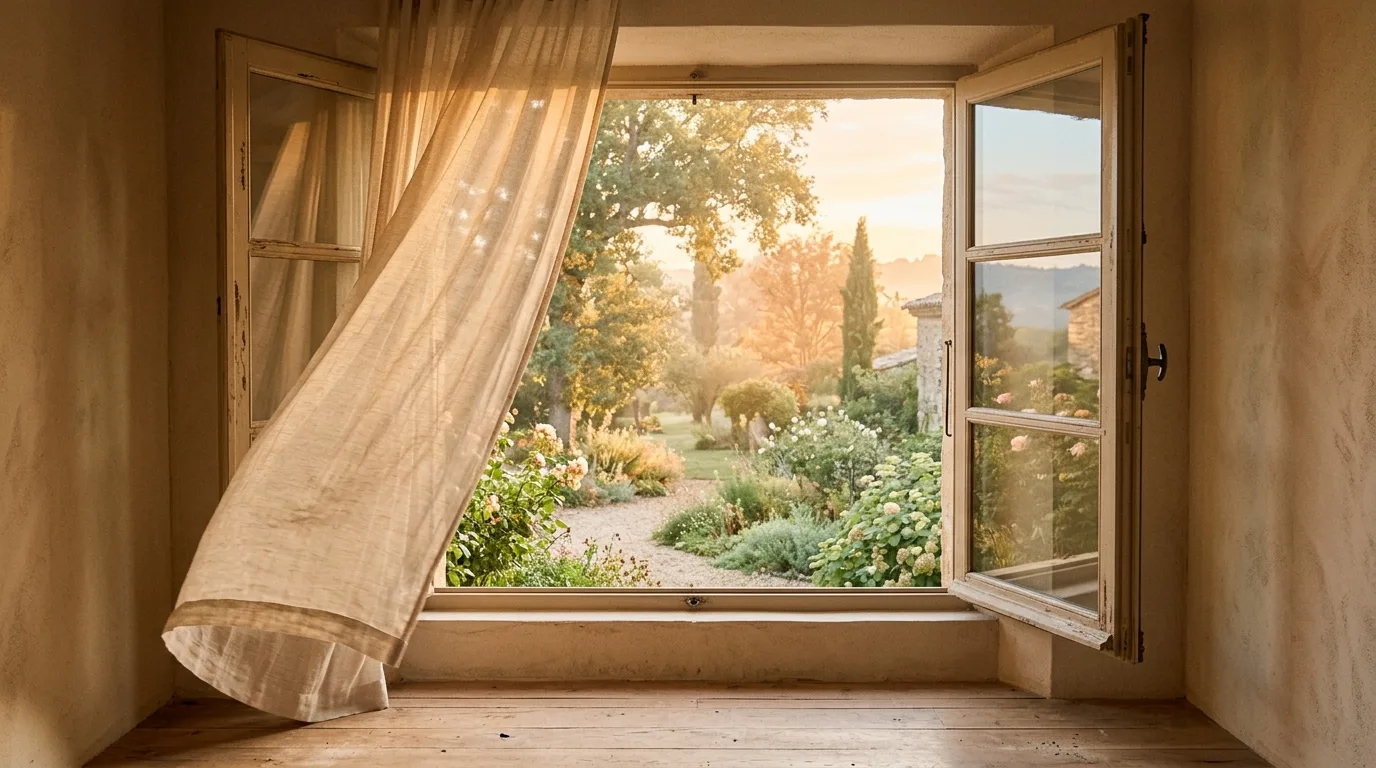 discernement et patience spirituelle, fenêtre ouverte sur un jardin à l'aube