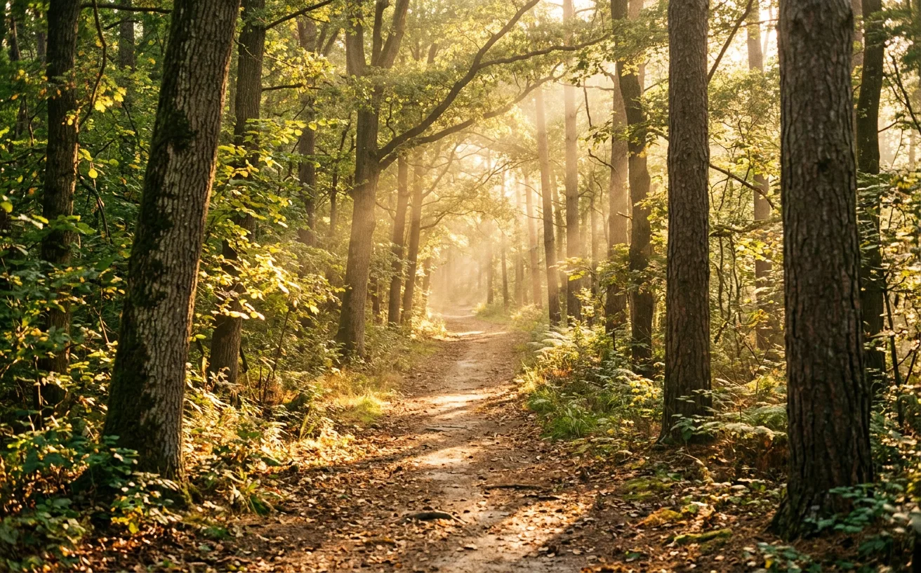 don de prophétie voyance : chemin forestier baigné de lumière dorée