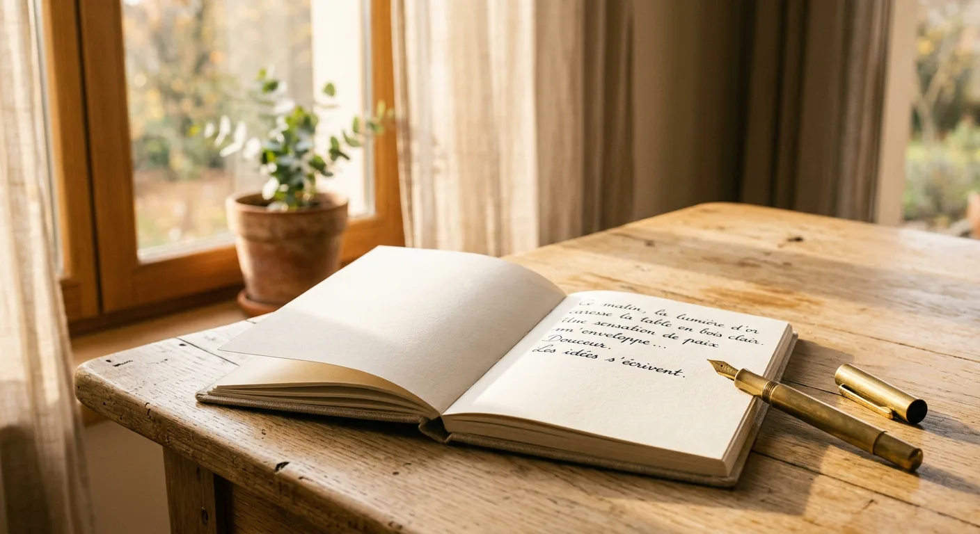 Carnet ouvert sur une table en lumière dorée, symbole de l'examen de conscience avant la confession