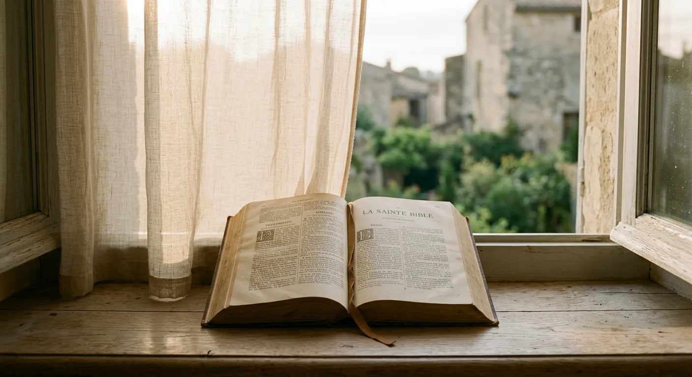 écriture automatique foi chrétienne : Bible ouverte sur un rebord de fenêtre au matin
