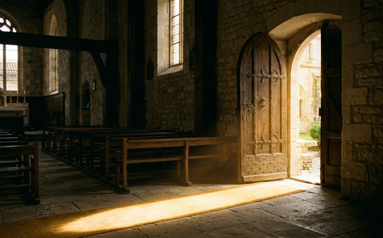 cœur guéri par la foi, lumière dorée à travers une porte d'église