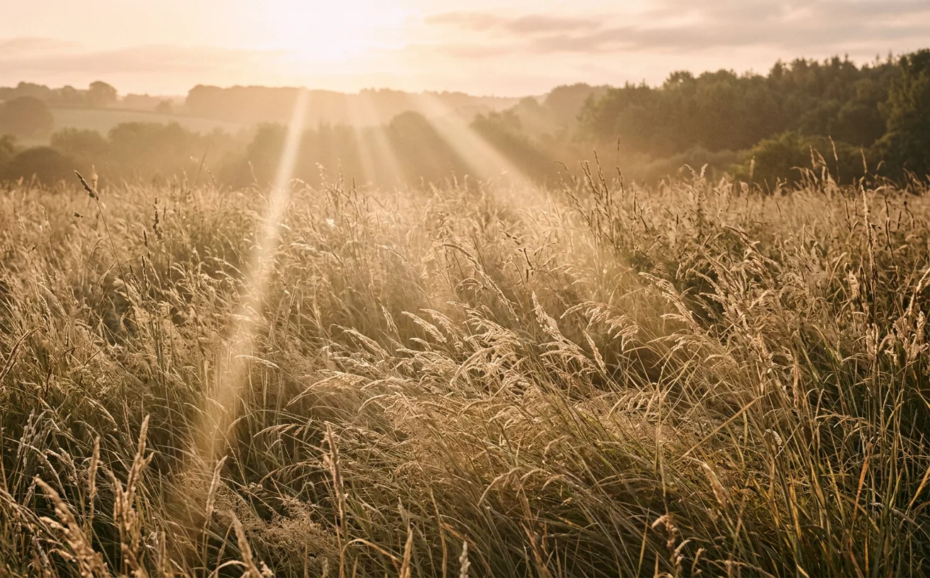 jeûne chrétien : lumière du matin filtrant à travers l'herbe, image de la confiance en Dieu