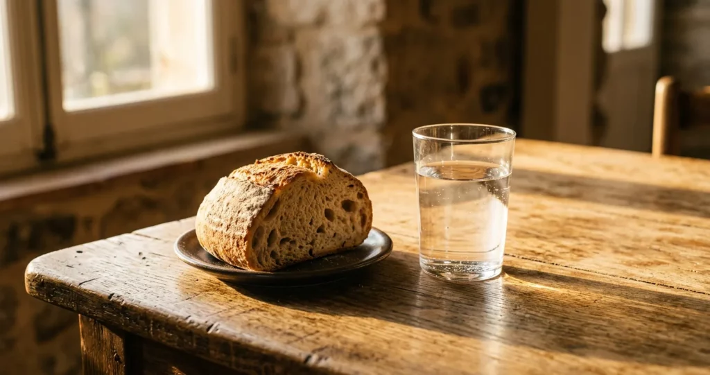 jeûne chrétien : pain et eau posés sur une table nue dans une lumière dorée