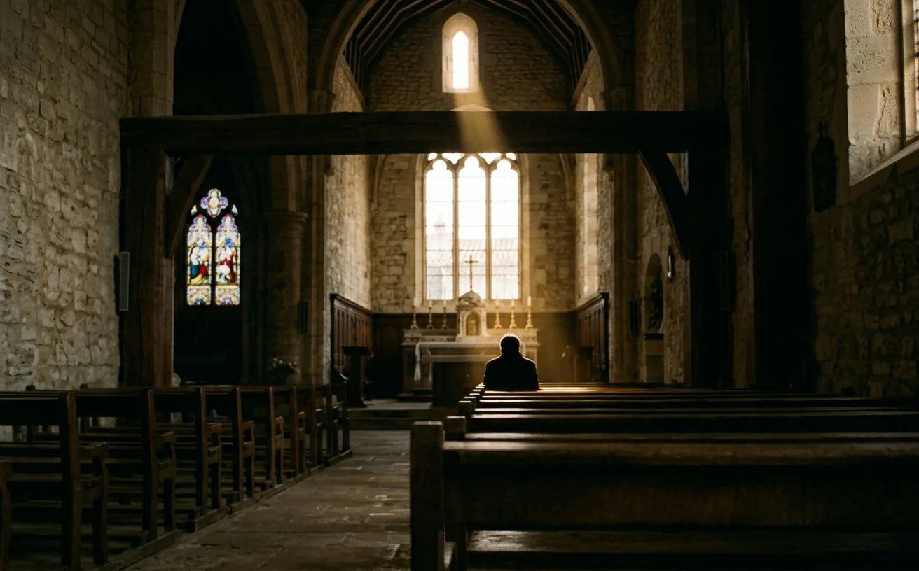 pleurer seule à la messe, silhouette dans une église, larmes incontrôlables