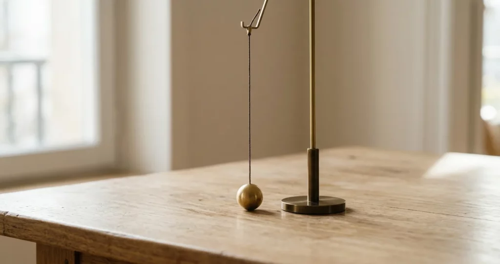 Pendule posé sur une table en bois dans une lumière douce, pendule et foi catholique