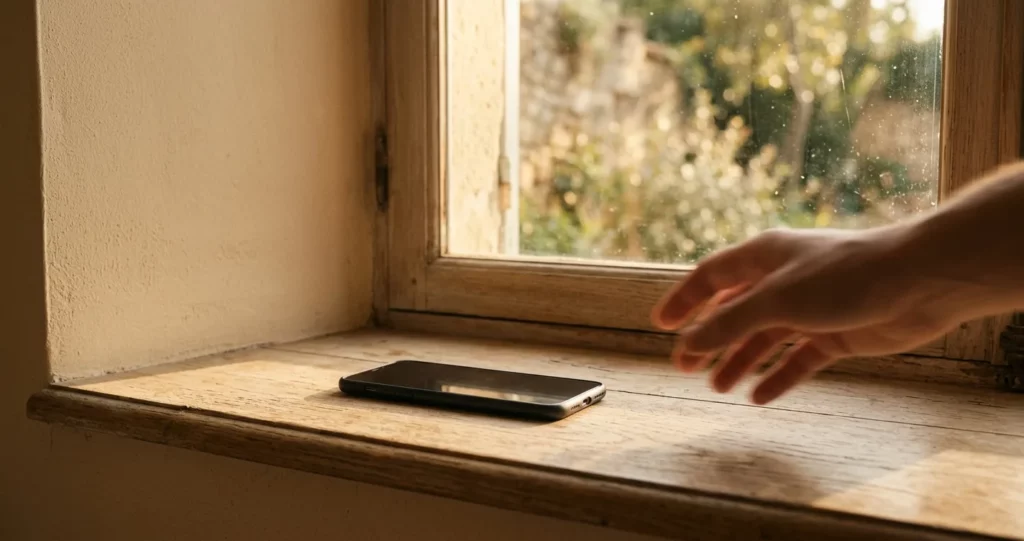 peur de rester seul sans téléphone, écran éteint posé près d'une fenêtre