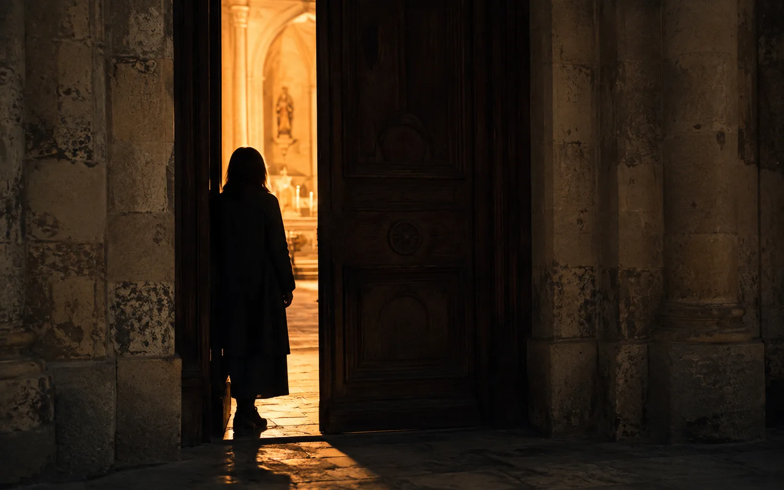 Peur du regard des autres : silhouette hésitant au seuil d'une église