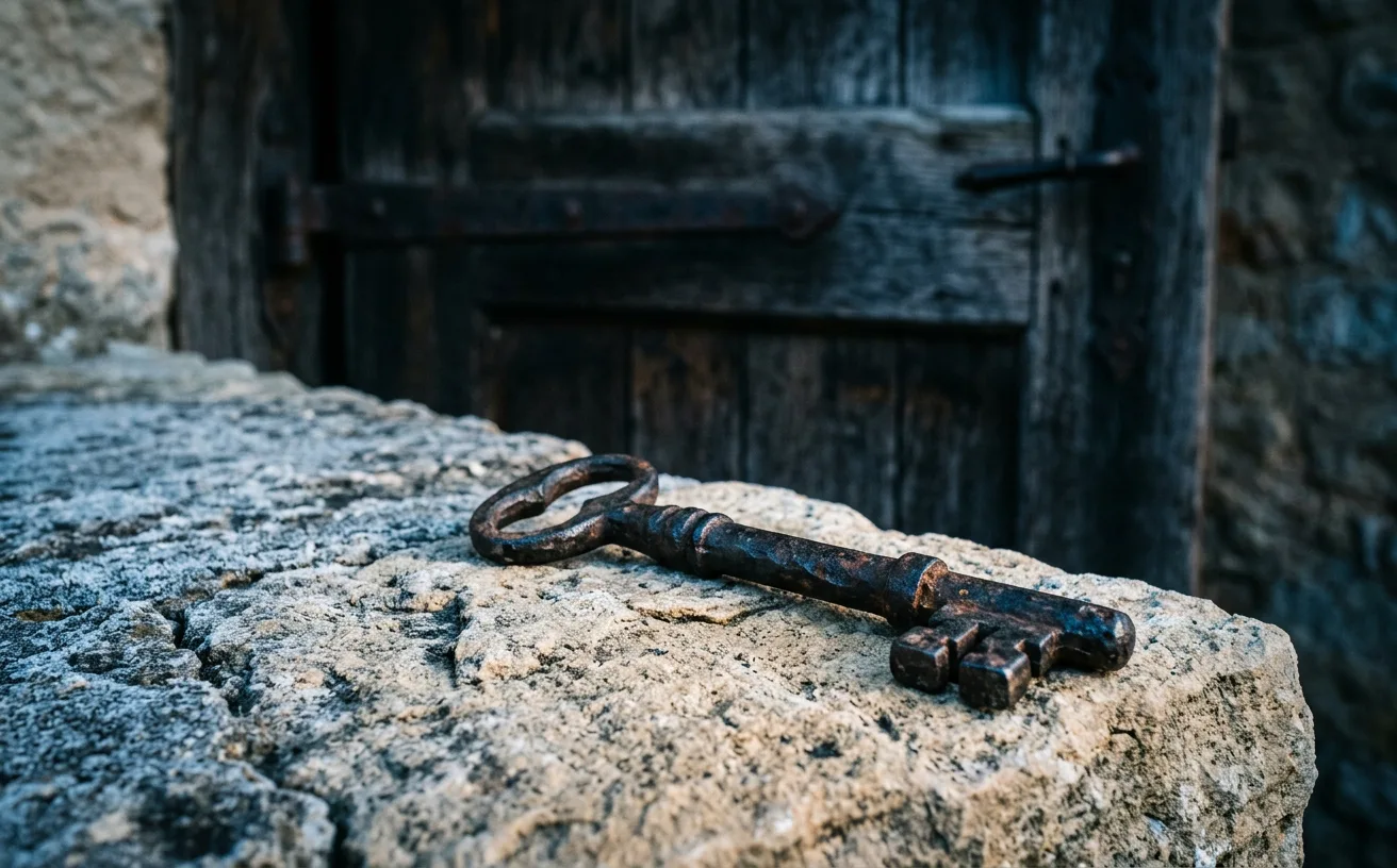 Clé ancienne devant une porte fermée, symbole de la peur du jugement avant la première confession