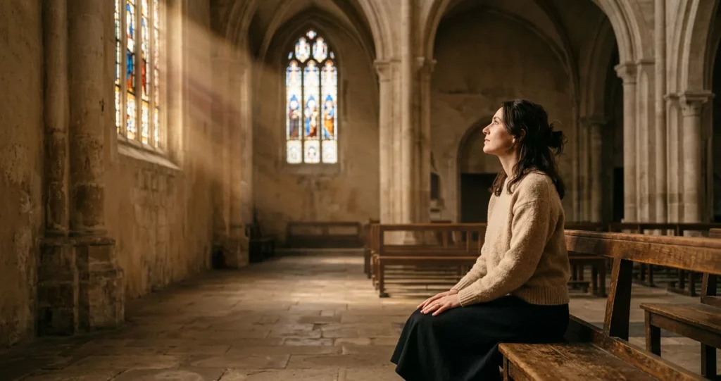 Femme assise seule dans une nef d'église, lumière d'un vitrail, première confession et peur à dépasser
