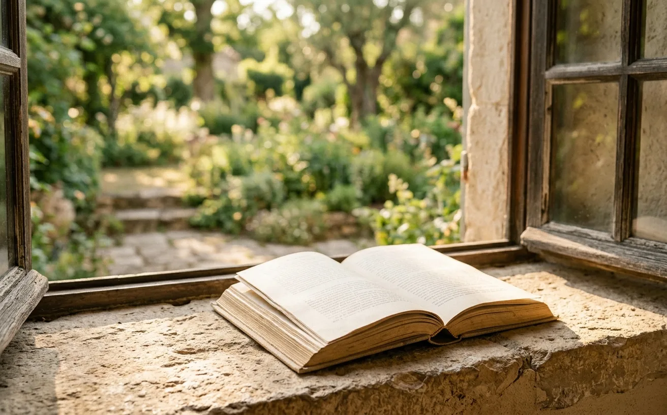 Livre ouvert sur un rebord de fenêtre dans la lumière, symbole de confiance en Dieu