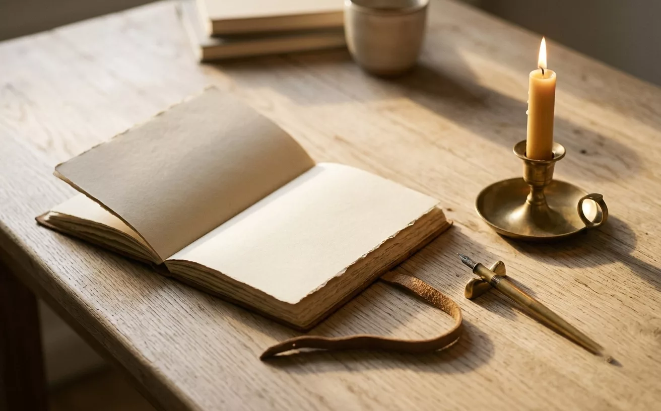prière du soir, carnet et bougie dans une lumière chaude