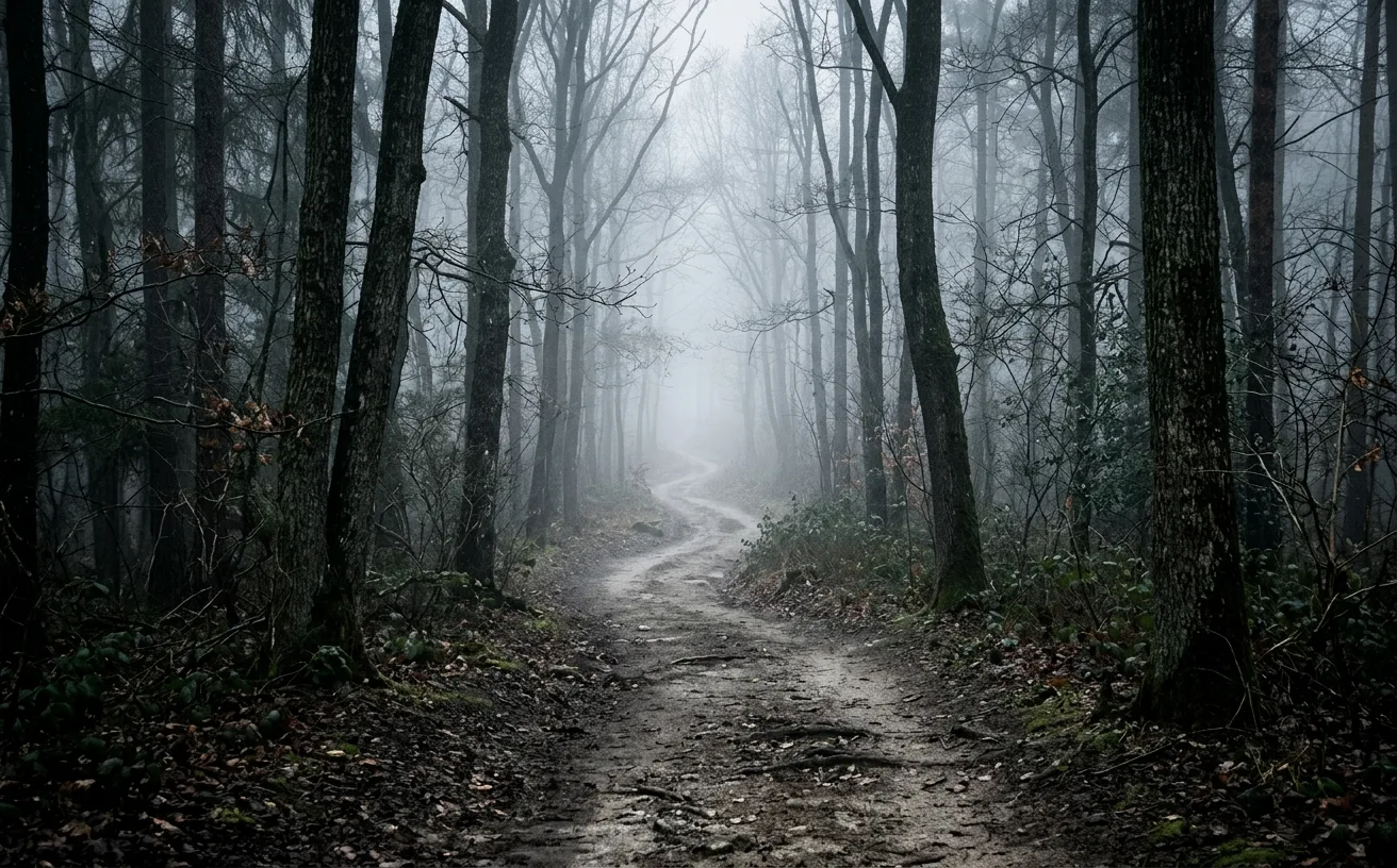 Chemin forestier dans le brouillard, illustrant l'incertitude de la divination