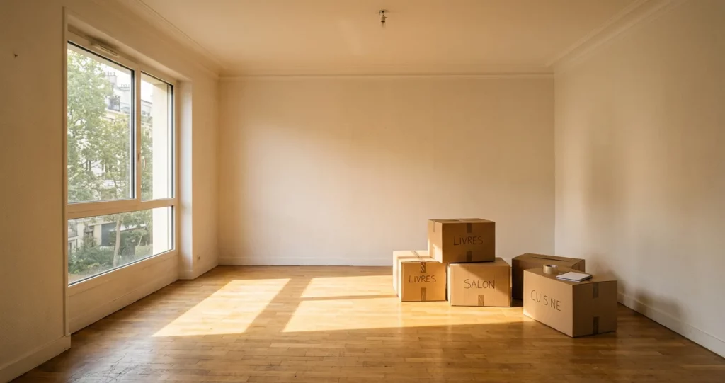 Reconstruction spirituelle après divorce : pièce vide avec cartons de déménagement dans une lumière dorée