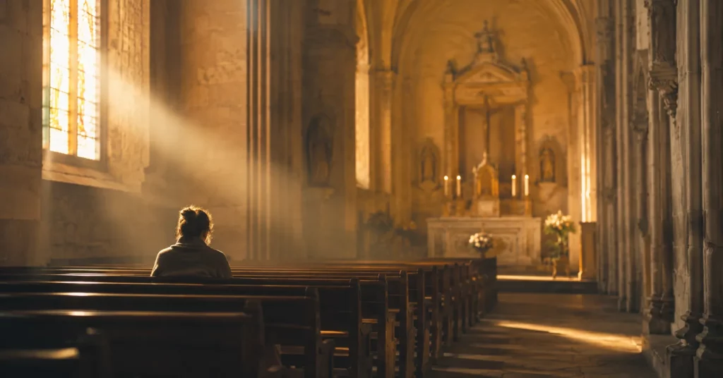 Retourner à la messe seul(e) : personne assise seule au fond d'une église baignée de lumière