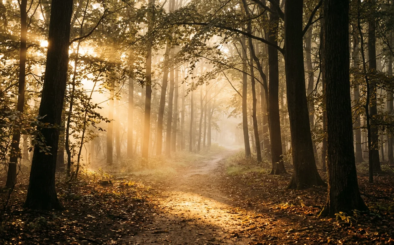 Sanctification chrétienne, chemin forestier traversé par une lumière dorée au petit matin