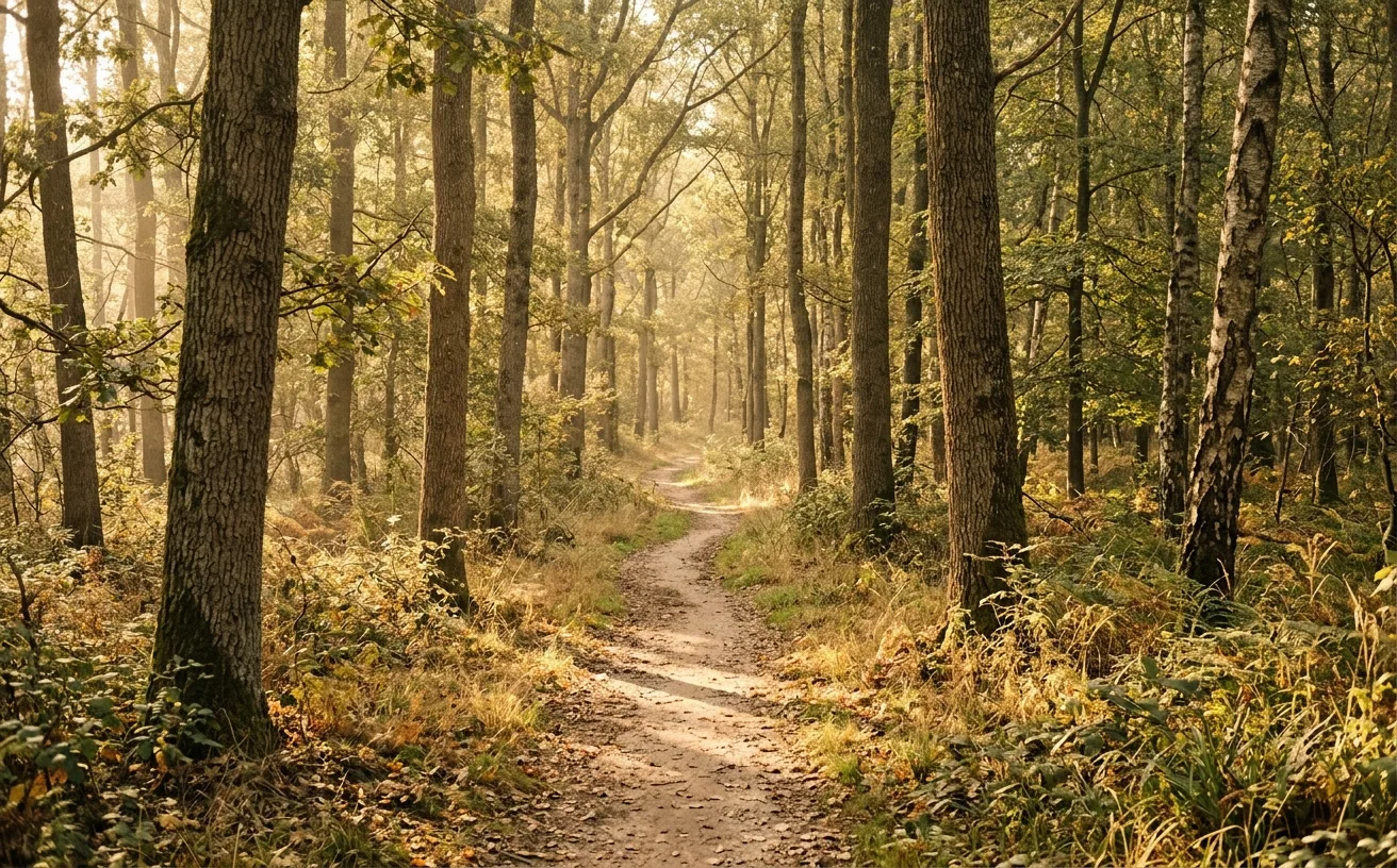 Chemin forestier lumineux symbolisant une légitimité spirituelle qui se construit en marchant
