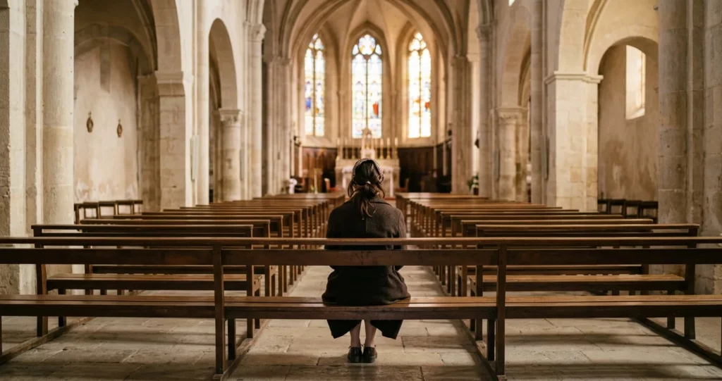 Femme assise seule au fond d'une église illustrant le syndrome de l'imposteur spirituel