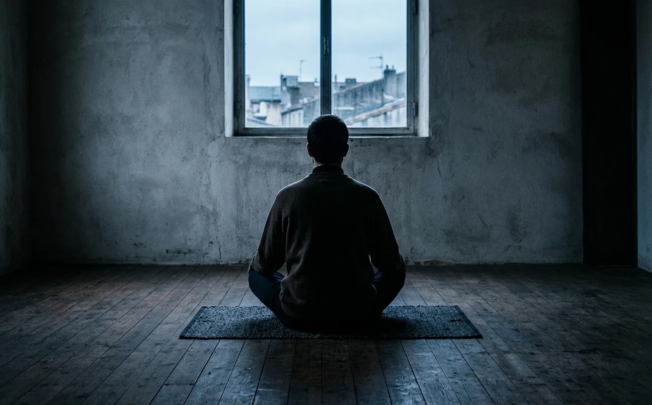 Silhouette assise en tailleur de dos dans une lumière froide, illustrant la dimension spirituelle du yoga
