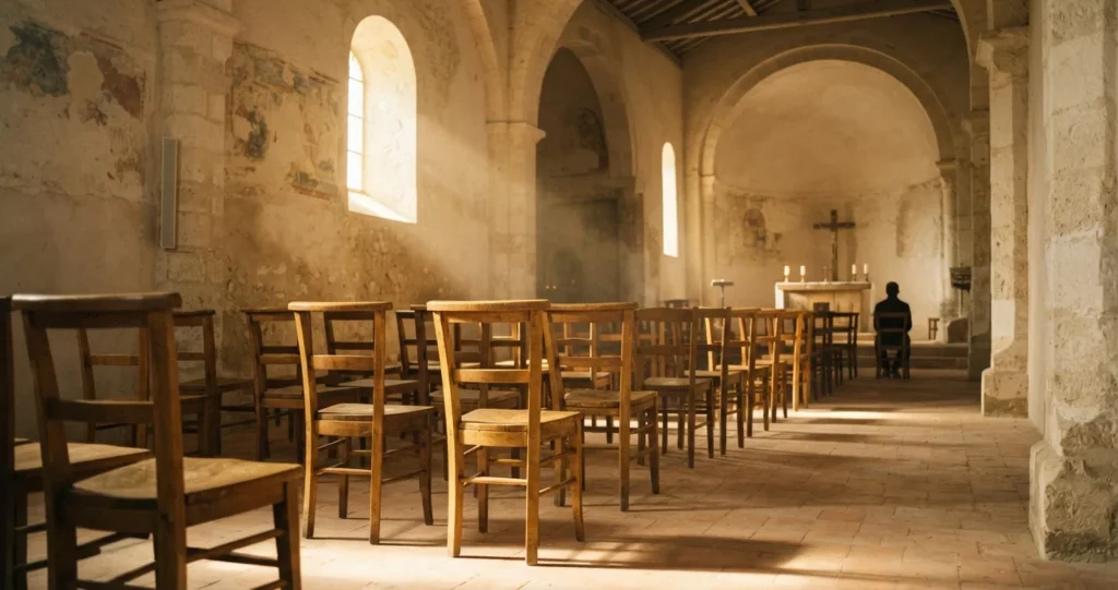 catéchuménat adulte : silhouette seule au fond d'une église dans la lumière dorée
