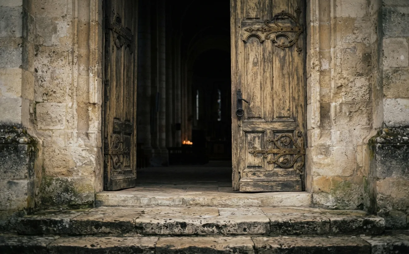 porte d'église entrouverte, incertitude avant d'entrer en catéchuménat