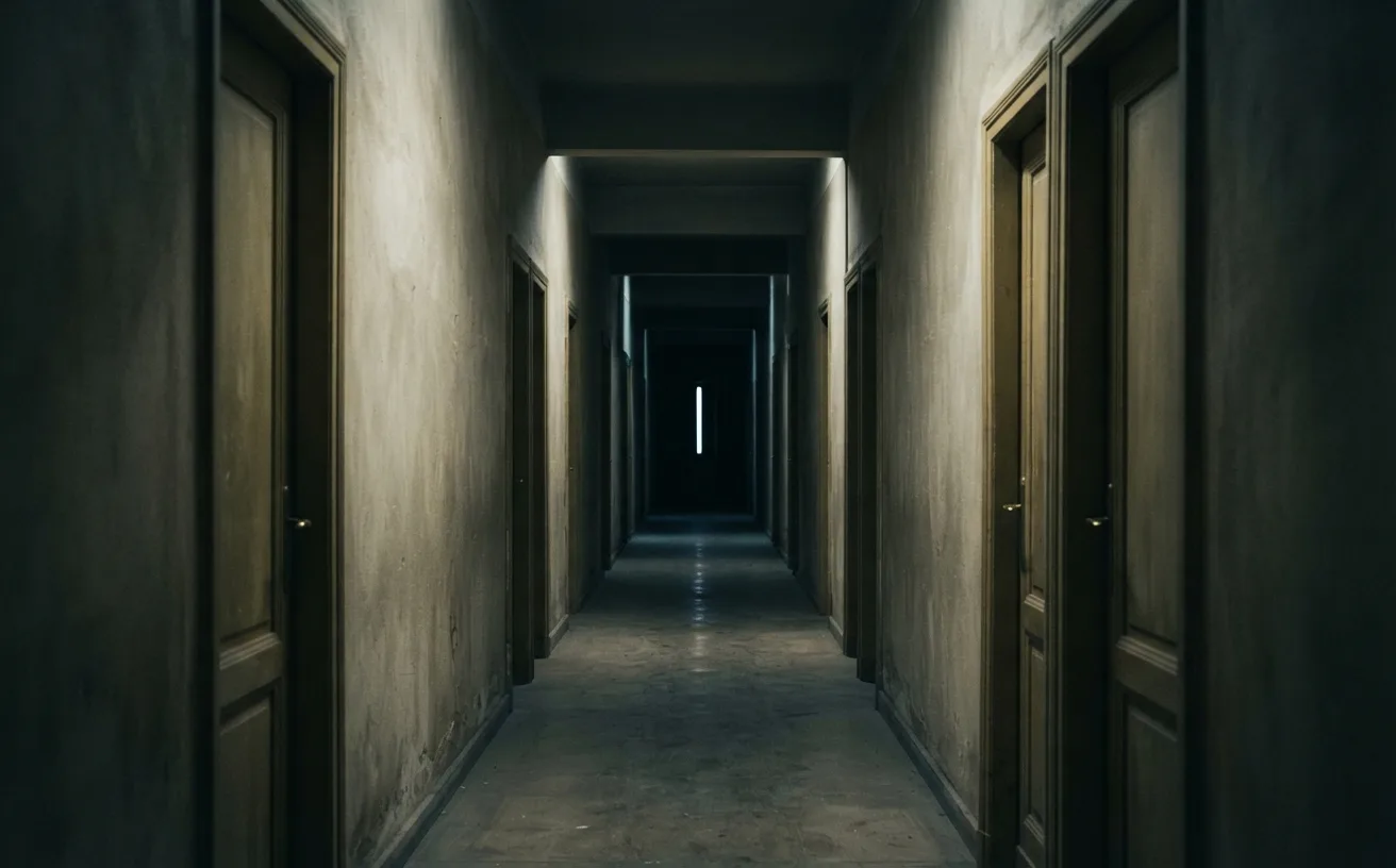 Illustration du karma et des vies antérieures, couloir de portes identiques se perdant dans la pénombre