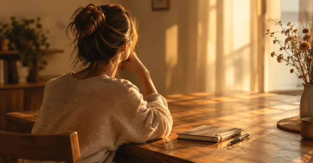 Femme de dos assise à une table en bois dans la lumière dorée, symbole de recommencer sa vie après 40 ans