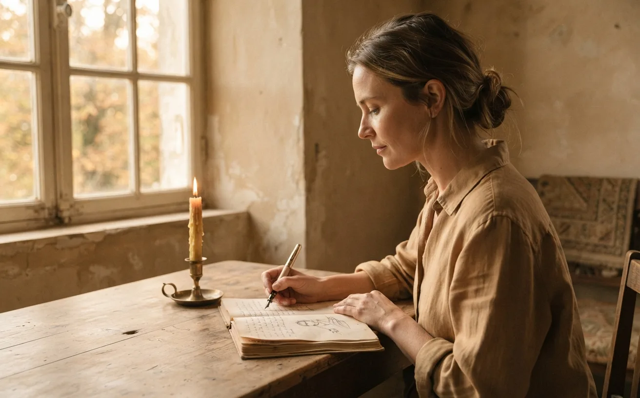 Résurrection plutôt que réincarnation, femme de profil écrivant dans un carnet à la lumière dorée d'une fenêtre