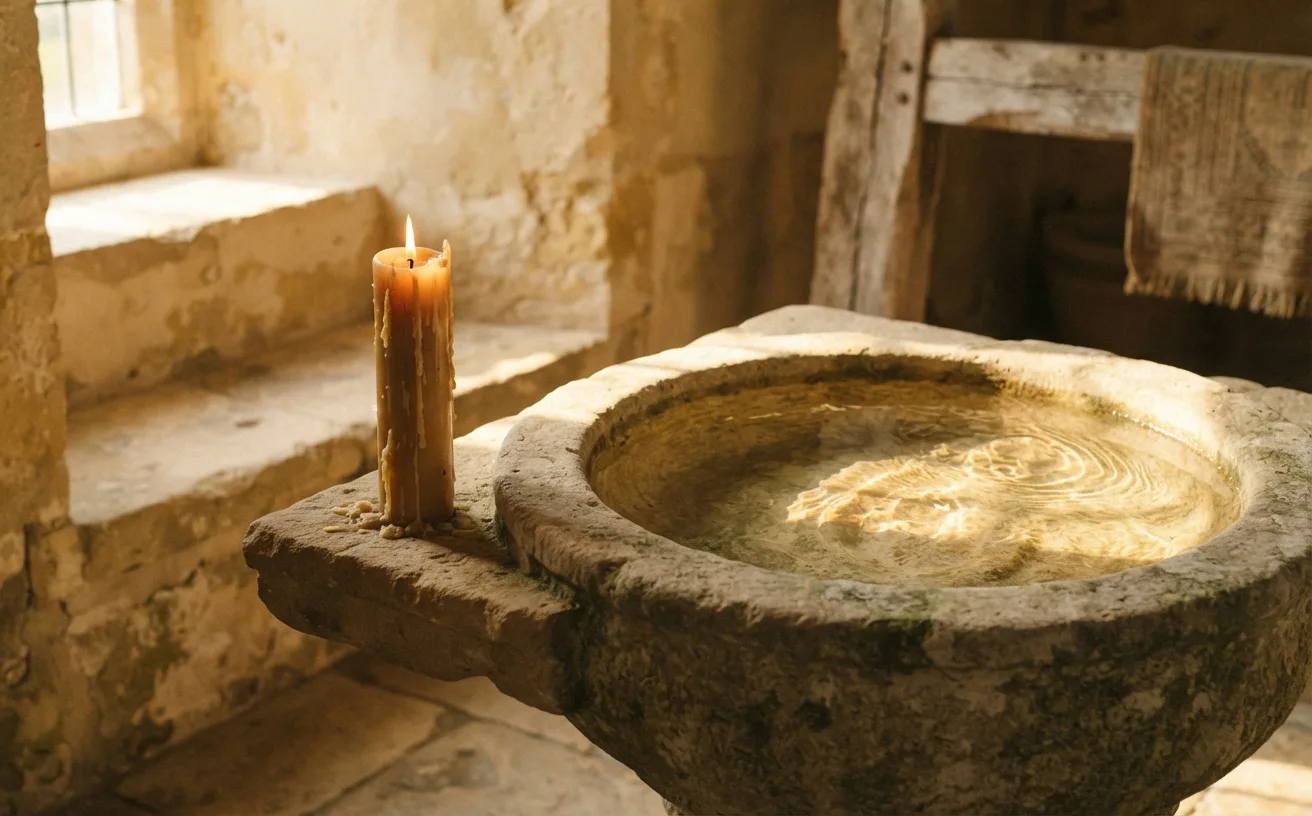 cierge pascal et eau du baptême, aboutissement du catéchuménat à la Vigile pascale