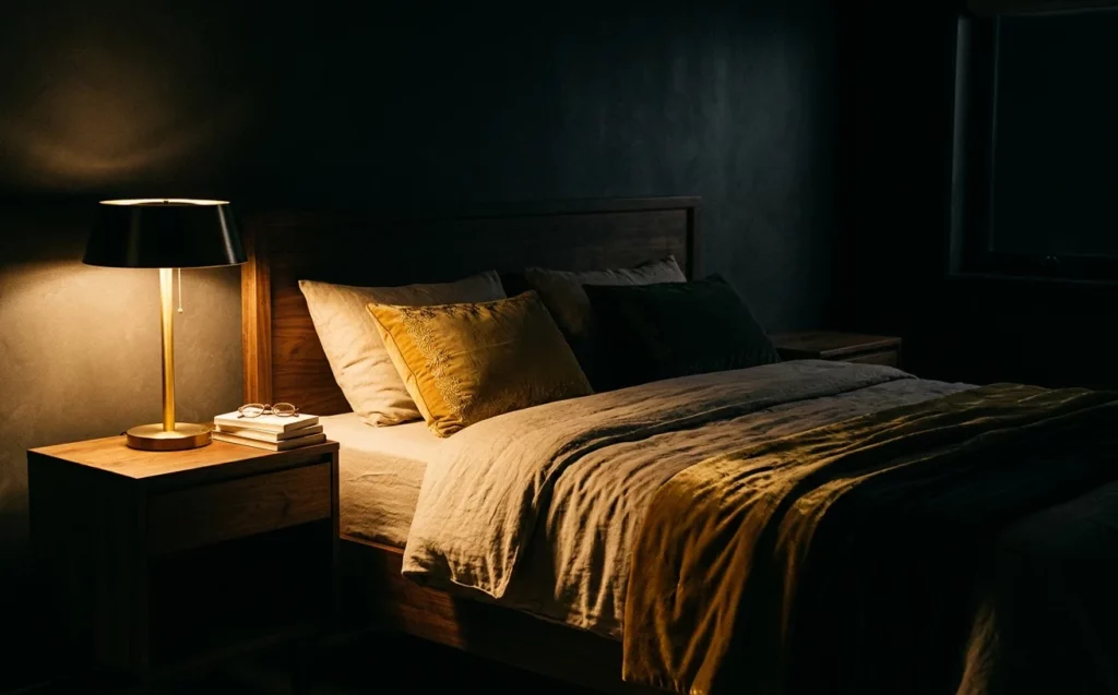 couple mixte, lampe de chevet allumée d'un seul côté du lit, foi vécue seule