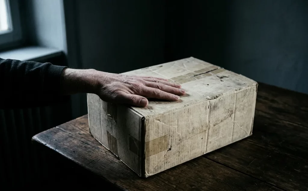 hésiter à se séparer de ses objets ésotériques, main posée sur une boîte fermée dans une lumière froide
