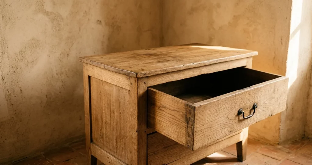 que faire de ses objets ésotériques après sa conversion, tiroir en bois entrouvert dans une lumière dorée